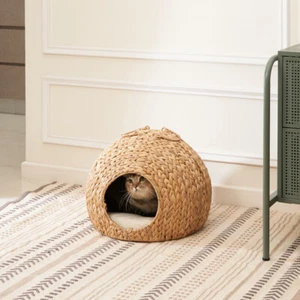 Round Cat Bed - Woven Wicker Cave w/ Handles for Chihuahua & All Cats - Picture 1 of 7