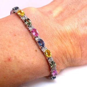 RAINBOW Sapphire Diamond Tennis Bracelet Fancy Yellow Blue Padparadscha Green - Picture 1 of 10