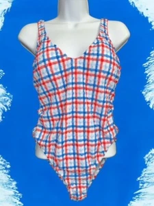 Dillard's GB Large Swimsuit Skort Seersucker Red White Blue Americana Open Sides - Picture 1 of 7