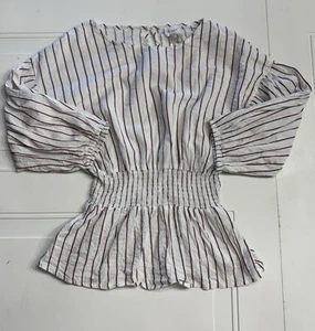 Women's AMT 3/4 Sleeve Smocked White Black Red Stripe Shirt Tunic Top Size L NWT - Picture 1 of 6