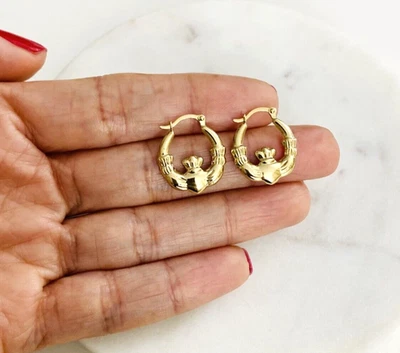 14K Real Yellow Gold Claddagh Hoop Earrings  18mm x  16mm - ER809 - Image 1 of 4