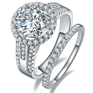 4Ct Roun Cut Lab-Created Diamond Wedding Rings 2Pcs Set 14K White Gold Filled - Picture 1 of 7