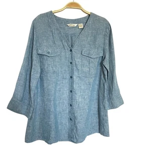 ORVIS Linen 3/4 Sleeve Tunic Top Women Size L Chambray Blue Button Up Pockets - Picture 1 of 8