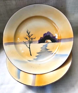 Piatto vintage dipinto a mano 7,5" made in Japan paesaggio tramonto - Foto 1 di 9