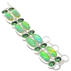 Triplete ópalo de fuego, piedra preciosa de peridoto hecha a mano 925 pulsera... - Imagen 1 de 5
