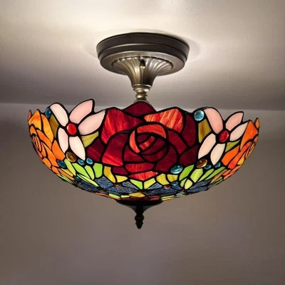 Tiffany Style Ceiling Lights Stained Glass Rose Flowers LED Bulbs 12"H*16"W*16"D - Image 1 of 4