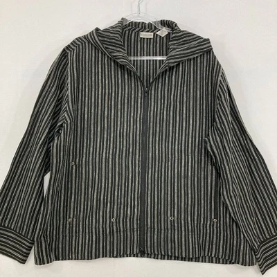 Chico's size XL/3 Black Striped 100% Linen Full Zip Hooded Lightweight Jacket - Image 1 of 4