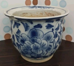 Maceta de cerámica vintage estilo chino azul y blanco, loto, chinoiserie, años 80 - Imagen 1 de 6