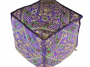 Purple Gold Embroidered Pouf Footstool Cover - Trendy Ethnic Indian Ottoman 18" - Picture 1 of 5