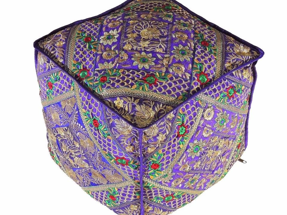 Purple Gold Embroidered Pouf Footstool Cover - Trendy Ethnic Indian Ottoman 18" - Image 1 of 4