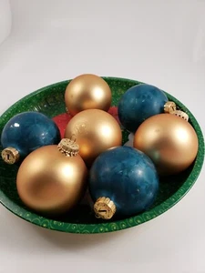 Vintage Lot Of 7 Glass 3.5" Christmas Ornaments Turquoise and Gold - Picture 1 of 7