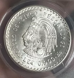 MEXICO 1947 5 PESOS SILVER ANACS MS 64 CUAUHTEMOC HIGH GRADE DG2 - Picture 1 of 6