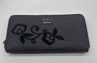 WOMEN'S GUESS EMBROIDERED BLACK CURRAN  SLG SINGLE ZIP AROUND CLUTCH WALLET - Image 1 of 4