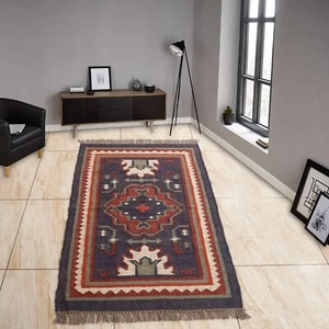 Alfombra de yute de lana hecha a mano premium - Alfombra rectangular multicolor con patrón geométrico - Imagen 1 de 7