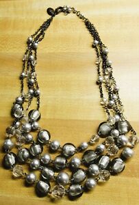 WHITE HOUSE BLACK MARKET silver tone multi chain gray faux pearl Necklace chunky