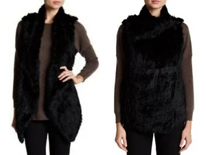 CATHERINE MALANDRINO Long Drape Genuine Rabbit Fur 2-Way Vest Black Women's Med. - Picture 1 of 12