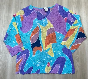 Vintage 80s Abstract Colorful Bubble Popcorn Blouse Top Medium Maximalist V-Neck - Picture 1 of 8