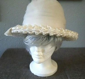 1950's Ecru Ivory Color Tall Summer Tulle & Satin Women's Straw Hat Union Made - Picture 1 of 7