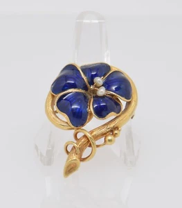 Vintage 18K Yellow Gold Blue Enameled Floral Brooch with Pearls - Picture 1 of 6
