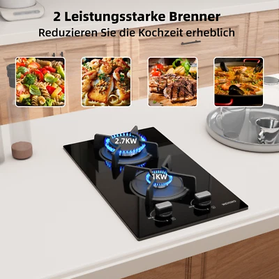 WEHIMO Gaskochfeld Einbau Kochfeld Glas Autark Gaskocher 2 flammig Propan/LPG /Edrgas