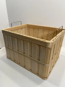 Wood Slat Rectangular Basket Light, Natural Color, Free standing 2 Wire Handle - Picture 1 of 13
