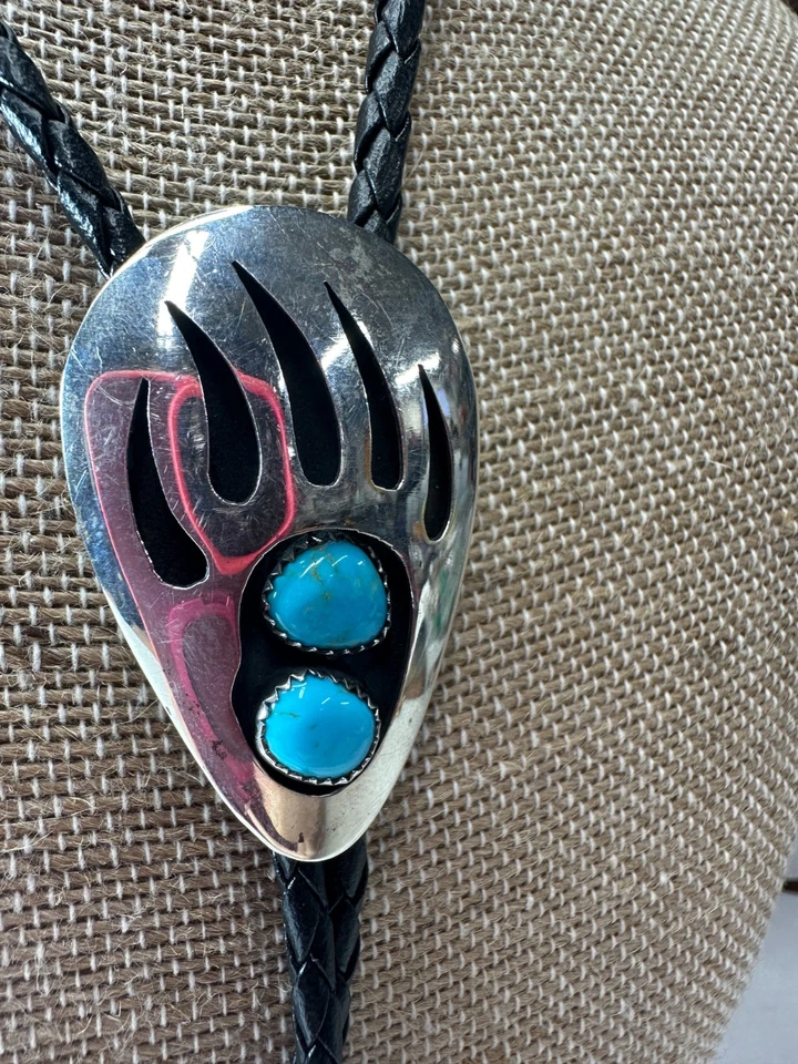 Corbata Nativo Americano Bolo Navajo Firmada Thomas Nez Oso Pata Turquesa TN Foto 1 de 4