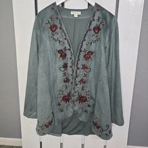 Coldwater Creek Womens Cardigan Teal Aztec Floral Embroidered Open Front Artsy L - Picture 1 of 11