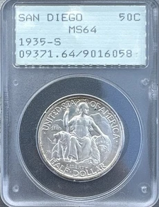 1935 S SAN DIEGO COMMEMORATIVE HALF DOLLAR - PCGS MS 64  - BLAST WHITE - RATTLER - Picture 1 of 4