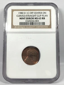 MINT ERROR 1980-D LINCOLN CENT OFF-CENTER CURVED/STRAIGHT CLIP NGC MS63 RB 7FBA2 - Picture 1 of 4