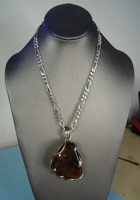 Colgante ámbar grande y pesado de plata de ley en cadena Figaro pesada de 20", 94,2 g Foto 1 de 4