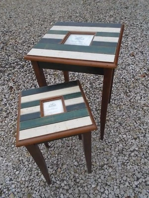 2-Pc Nesting Table Set Big Sky Carvers Picture frame tops Seaside Ocean Cottage - Image 1 of 4