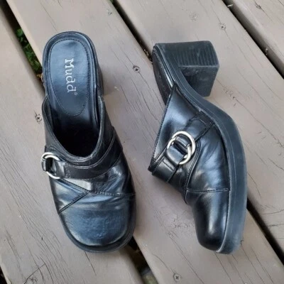 Mulas de plataforma con hebilla de tacón grueso imitación cuero vegano negro barro vintage años 90 y2k Foto 1 de 4