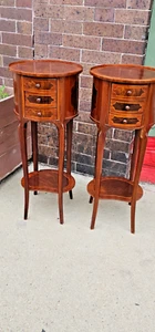 Antique Rare French Art Nouveau inlay Walnut burl accent nightstand Table pair - Picture 1 of 24
