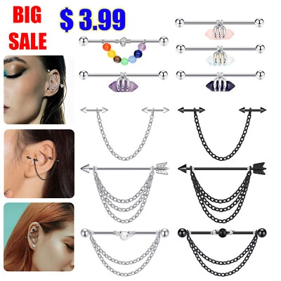 1pc 14g Chain Industrial Barbell Earrings Heating Crystal Cartilage Bar Piercing - Image 1 of 4