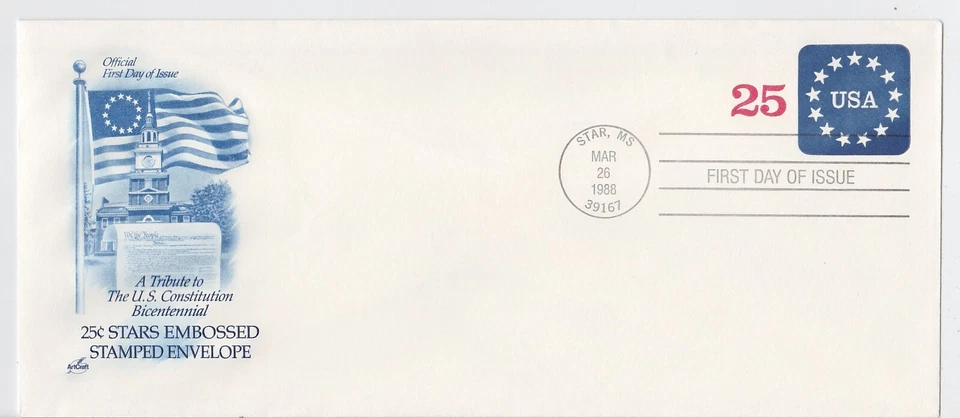 TurtlesTradingPost- USA With Stars 1988 #U611 FDC  Artcraft Cachet - Image 1 of 1