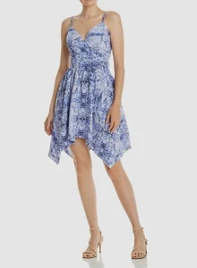 $214 Aqua Women's Blue White Paisley Handkerchief V-Neck Mini Dress Size L - Picture 1 of 2