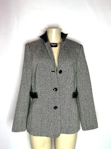 TALBOTS VINTAGE BLACK GRAY TWEED WOOL BLAZER W/BLACK LEATHER TRIM SZ 8 - Picture 1 of 3