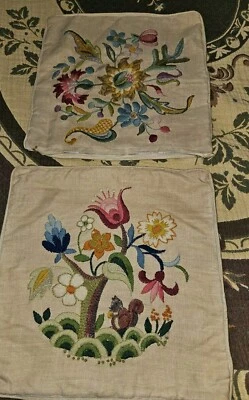 一对复古手工针绣枕头套 Crewel 异国情调花卉 13"x 13" — 第 1/4 张图片