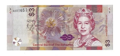 2019 BAHAMAS $3 Dollars, S/N from 6th Pack 651-99, Pack Fresh UNC, New QEII Type - Image 1 of 2
