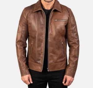 HANDMADE MEN'S GENUINE COWHIDE SLIM FIT LEATHER JACKET - CLASSIC BROWN ANTIQUE - Picture 1 of 8