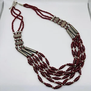 Unbranded Burgundy Silver Tone Bead Multi Strand Tribal Statement Necklace 28" - Picture 1 of 6