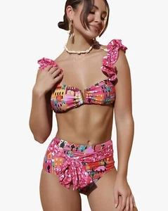 High Waisted Swim Suit Women’s Flounce Straps Padded Bikini by Sporlike MED NWT - Picture 1 of 13