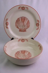 SANGO COQUILLE Soup Bowl & Salad Plate Peach Seashells Korea Sangostone #3664 - Picture 1 of 6