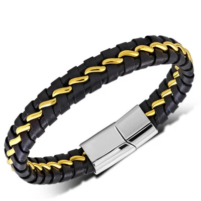 Brazalete de acero inoxidable de dos tonos de cuero trenzado negro para hombre, 8,5" Foto 1 de 3