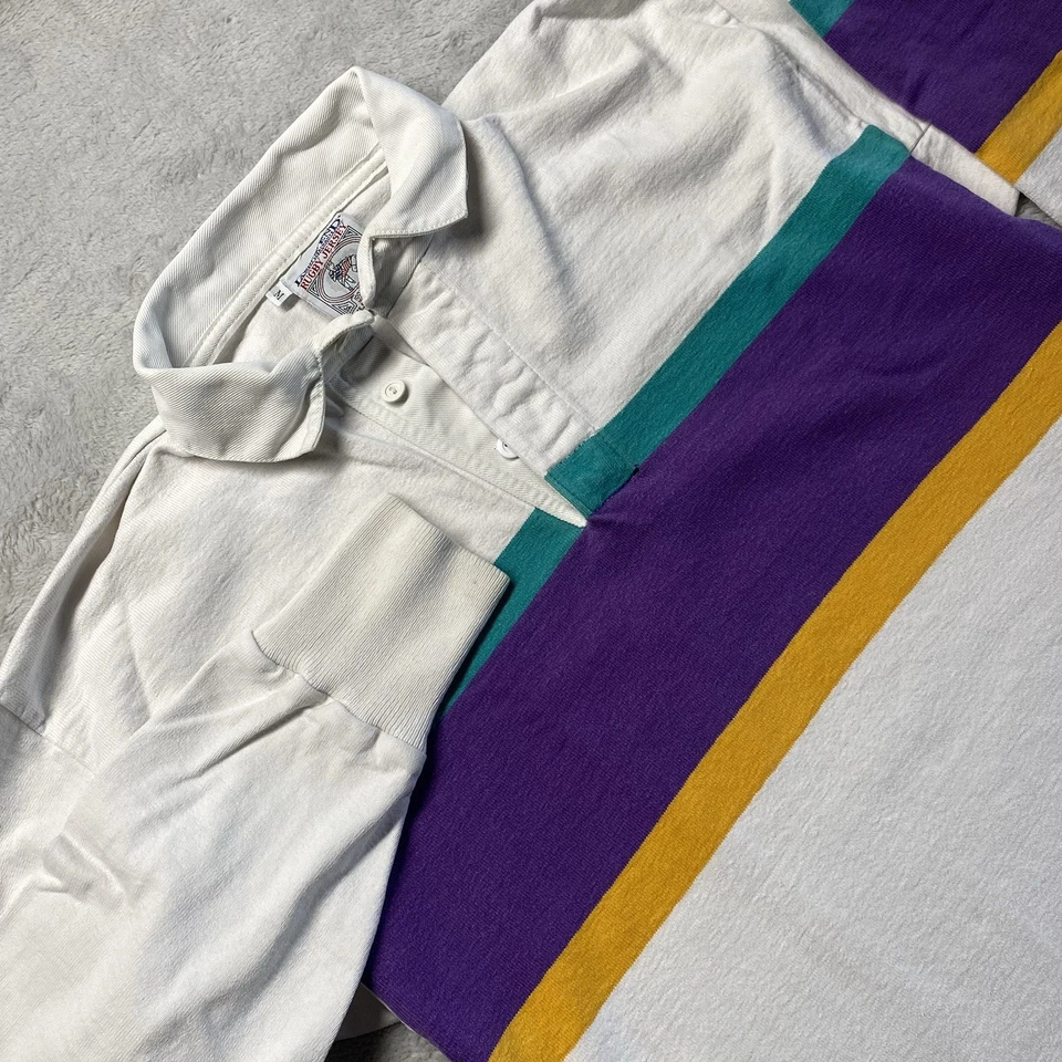 Camisa de Rugby Lands End De Colección Para Hombres Mediana Blanca Púrpura Polo Hiedra HECHA EN EE. UU. Años 80 90 Foto 1 de 4