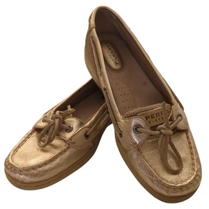 SPERRY TOP SIDER Metalic Gold & Tan Boat Shoes Women's Size 7 Leather & Fabric - Picture 1 of 8