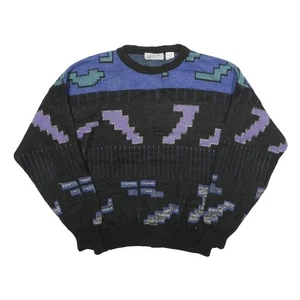 METHOD Mens Black Blue Patterned Wool Blend Jumper Crew Neck Chunky Knit L - Picture 1 of 6