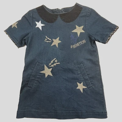 Vtg Benetton Girls Denim Blue Dress Silver Stars Lightening Cotton Stretch 3-4Y - Image 1 of 4