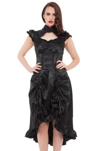 Women's Black Gothic Long Steampunk Victorian Brocade Frill Dress Goth Emo - Picture 1 of 4