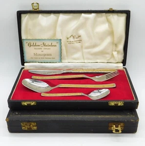 Vintage Monogram Golden Stainless Exquisite Cutlery Sets x 2 Boxed 18ct - Picture 1 of 11